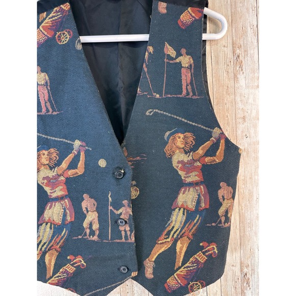Vintage Tapestry Golf Vest Women's SizeMedium Black Rust Gold V Neck USA 90s - Picture 4 of 6